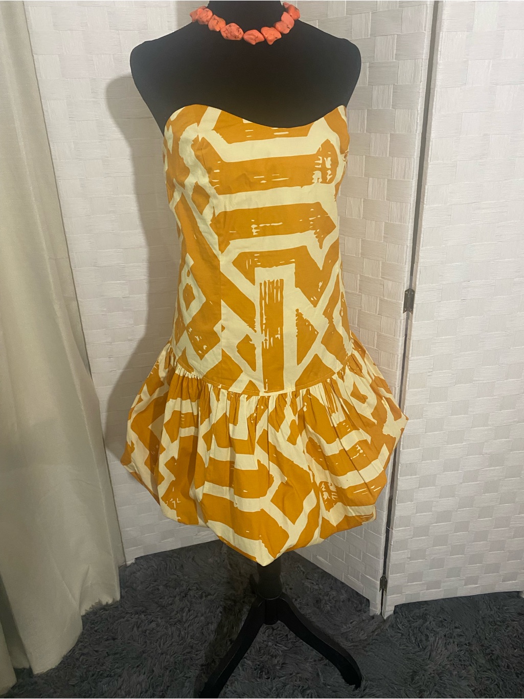 Mwt: D’iyanu Strapless Mustard Geometric Print Bubble Hem Mini Dress — image 2 of 8